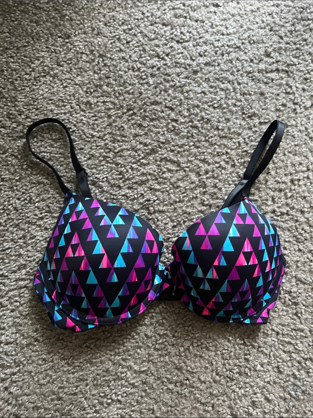 PINK Victoria's Secret Black Push-Up Bra with Pink & Teal Triangle Print